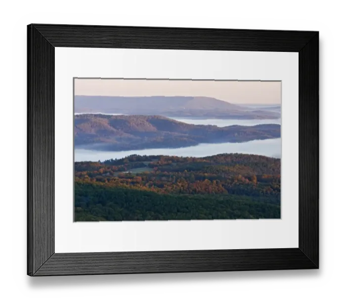 Framed Print : Foggy valleys and fall foliage in Ozark Mountains near Jasper, Arkansas, sunrise, autumn