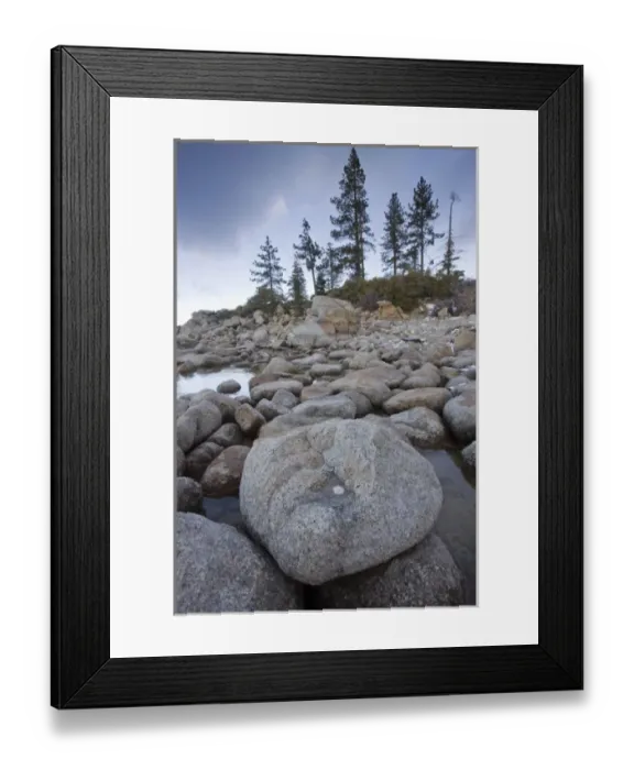 Framed Print : North America, USA, California, Lake Tahoe. Boulders and trees on the lakeshore Framed Print : North America, USA, California, Lake Tahoe. Boulders and trees on the lakeshore