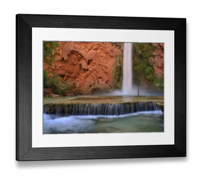 Framed Print : USA, Arizona, Havasu Canyon. A bikini-clad woman wades through the creek below thundering Framed Print : USA, Arizona, Havasu Canyon. A bikini-clad woman wades through the creek below thundering