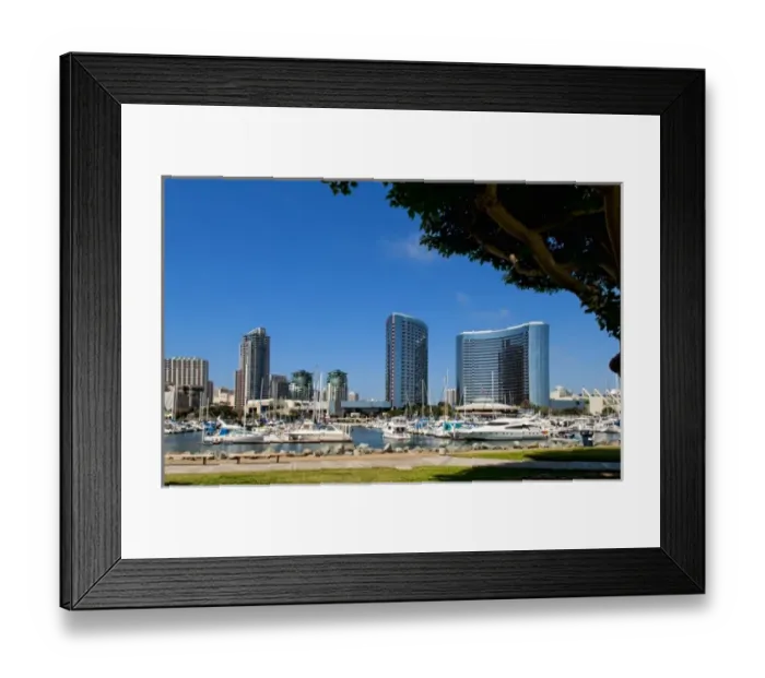 Framed Print : Seaport Village Marina in San Diego Bay, California. Boats and ships at pier
