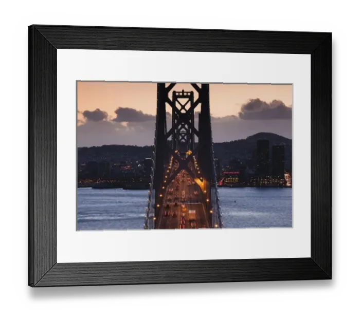 Framed Print : USA, California, San Francisco, Embarcadero, Bay Bridge from Treasure Island, dusk