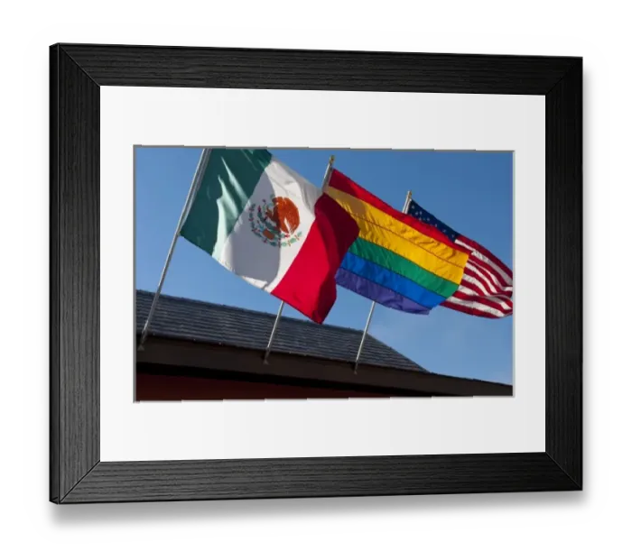 Framed Print : Rainbow, Mexican, and American flags on display in Castro district of San Francisco