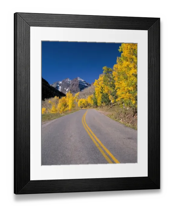 Framed Print : USA, Colorado, Maroon Bells. A lapis sky and golden leaves accentuate the road to Maroon Bells