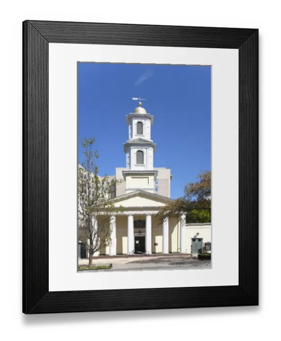 Framed Print : USA, Washington DC, A white church with romanesque columns sits with an office building on one side