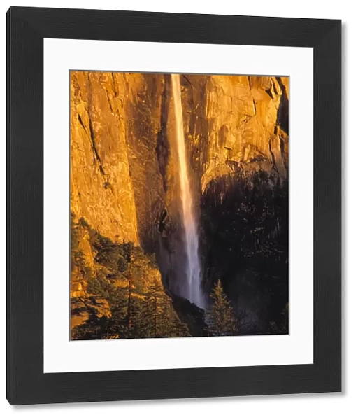 USA, California, Yosemite NP. Bridal Veil Falls follows a narrow path down the valley