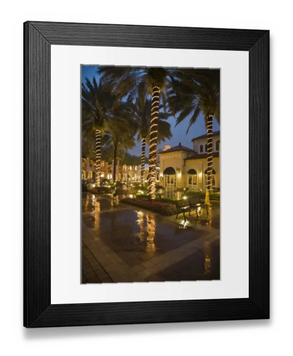 Framed Print : USA, Florida, West Palm Beach. The lights of City Center Mall reflect in the wet walkways Framed Print : USA, Florida, West Palm Beach. The lights of City Center Mall reflect in the wet walkways