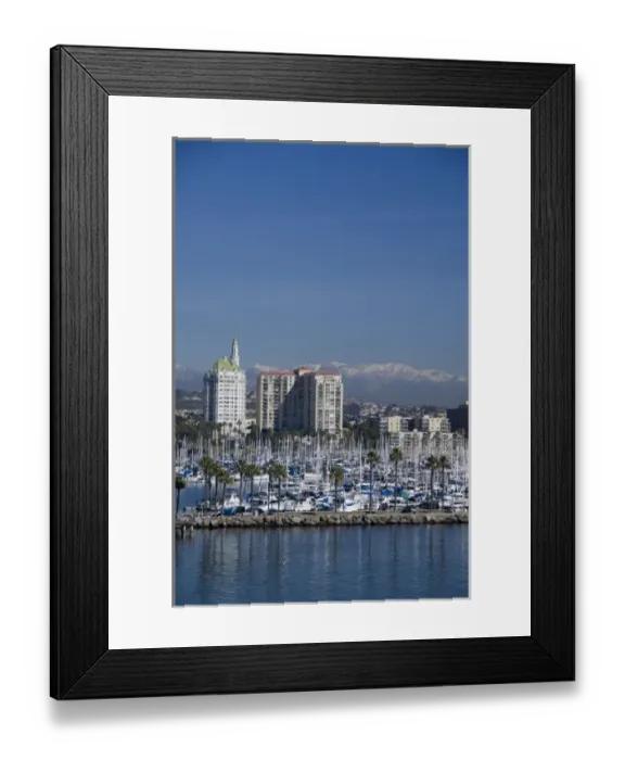 Framed Print : California, Long Beach. Skyline views of the port & marina area of Long Beach. Snow-capped