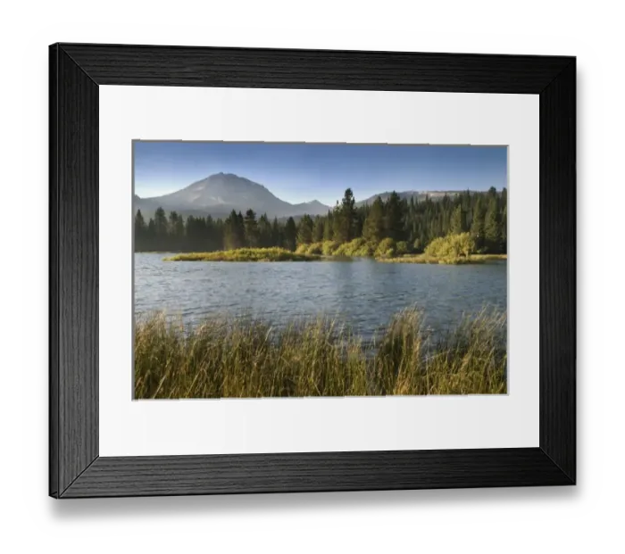 Framed Print : Lassen Peak at sunrise viewed across Manzanita Lake, Lassen Volcanic National Park
