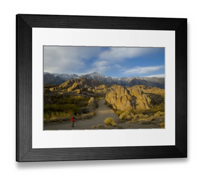 Framed Print : Photographer in the Roadway Alabama Hills California with a backdrop of the Eastern Framed Print : Photographer in the Roadway Alabama Hills California with a backdrop of the Eastern