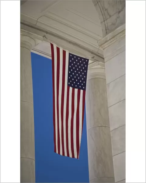 USA, VA, Arlington. American Flags are hung around the Ampitheater located adjacent