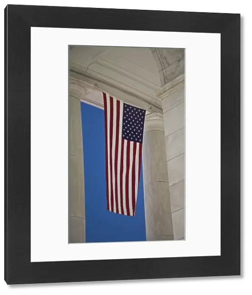 USA, VA, Arlington. American Flags are hung around the Ampitheater located adjacent