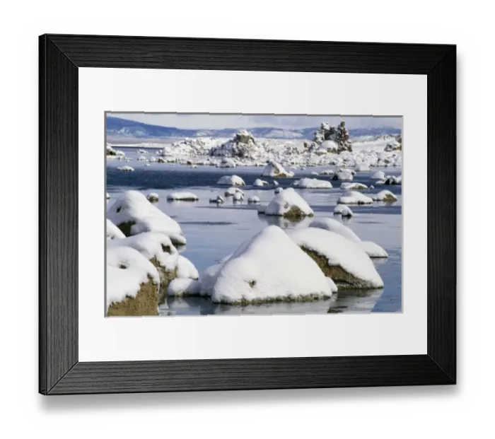 Framed Print : North America, USA, California, Mono Lake. Tufa formation covered with snow
