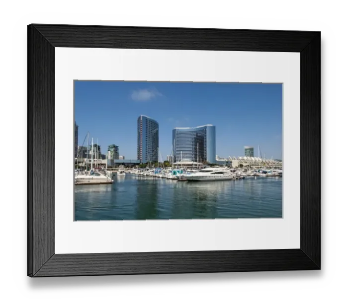 Framed Print : Seaport Village Marina in San Diego Bay, California. Boats and ships at pier