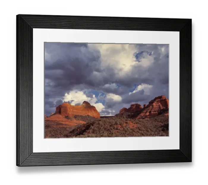 Framed Print : USA, Arizona, Oak Creek Canyon. Dramatic storm clouds gather behind the red rocks
