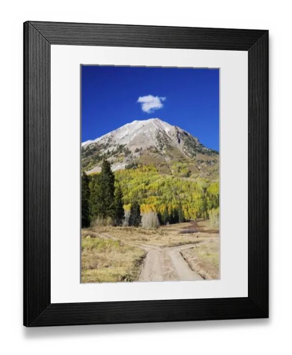 Framed Print : USA, Colorado, Mt. Crested Butte, Fork in the Country Backroad with Mountain in Background Framed Print : USA, Colorado, Mt. Crested Butte, Fork in the Country Backroad with Mountain in Background
