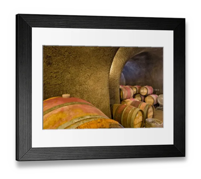 Framed Print : USA, California, Napa County, Napa Valley, Ruthford. Barrels in cellar at One of