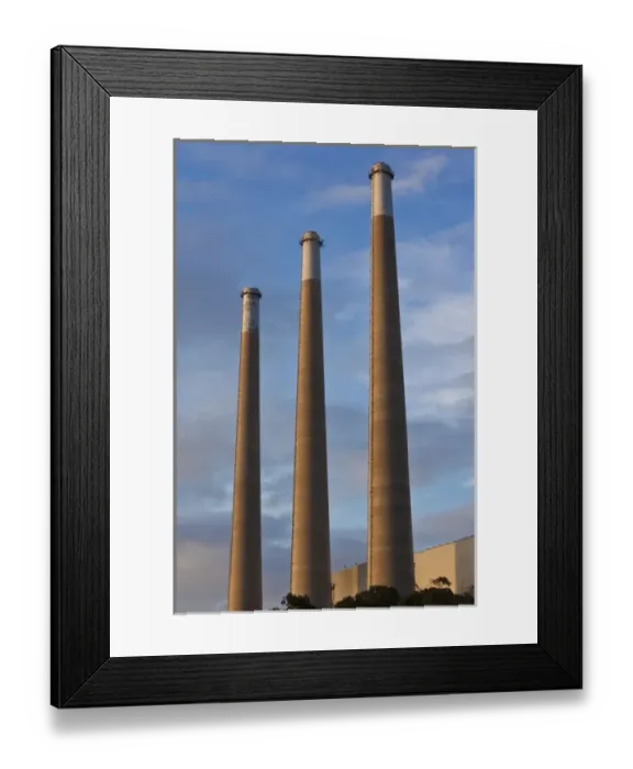 Framed Print : USA, California, Southern California, Morro Bay, power plant smokestacks, late afternoon
