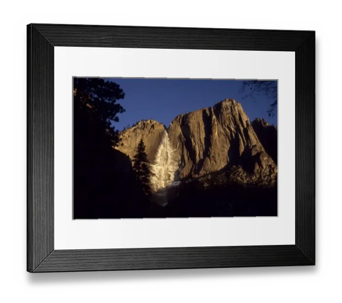 Framed Print : California: Yosemite National Park, Yosemite Falls, snow from mist on cliffs at sunset Framed Print : California: Yosemite National Park, Yosemite Falls, snow from mist on cliffs at sunset