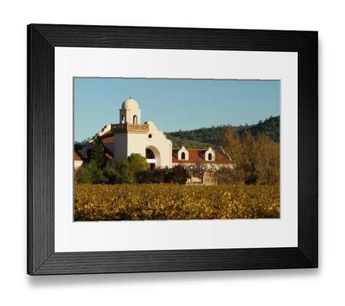 Framed Print : Blue sky and fall colors on the vines surround Groth Vineyards & Winery on Oakville