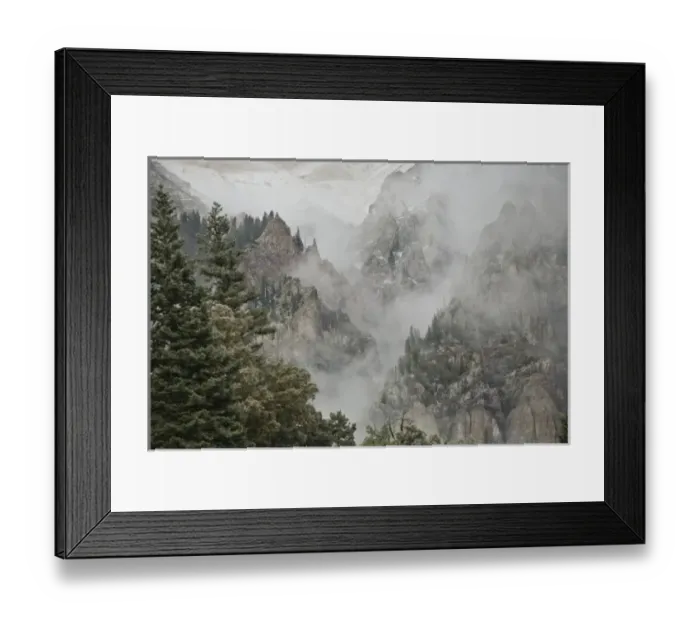 Framed Print : USA, Colorado, Ouray. Fog develops as a snow storm moves into the Uncompahgre River Gorge