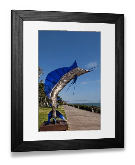 Framed Print : Giant marlin statue on Seaport Village pier, San Diego Bay, California