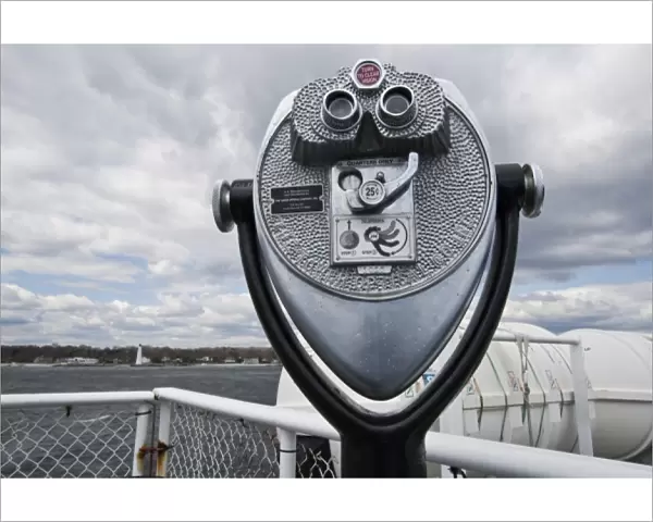 USA, Connecticut, New London. Long Island Ferry, binocculars and New London Harbor Lighthouse
