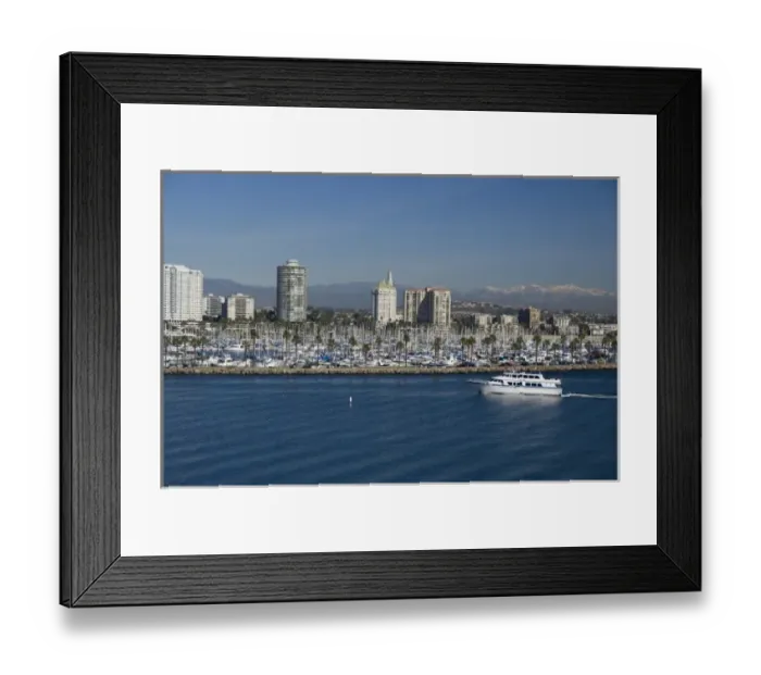 Framed Print : California, Long Beach. Skyline views of the port area of Long Beach. Snow-capped
