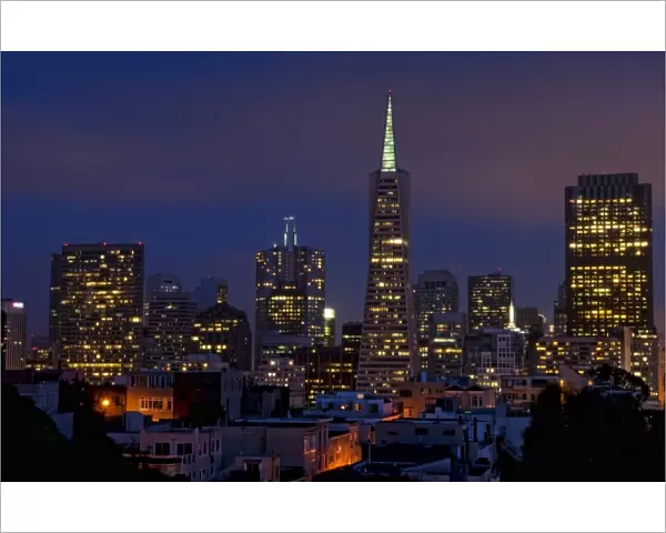Taken from Coit Tower on Telegraph Hill, the city lights of San Francisco, California, at twilight