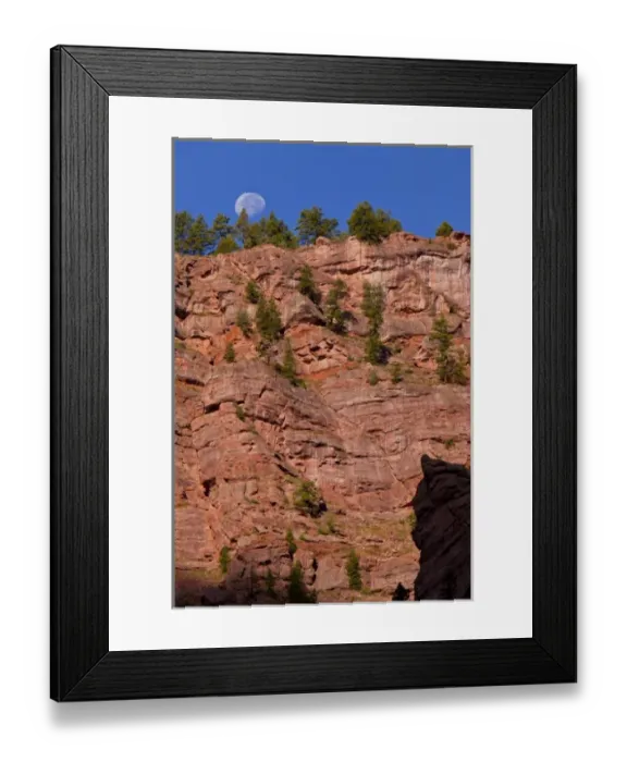 Framed Print : USA, Colorado, Redstone, Crystal River Canyon. Moonset on vertical red rock cliff Framed Print : USA, Colorado, Redstone, Crystal River Canyon. Moonset on vertical red rock cliff