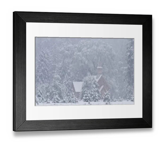 Framed Print : USA, California, Yosemite National Park. Yosemite Chapel in Snowstorm