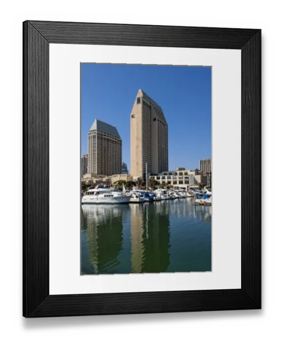 Framed Print : Seaport Village Marina in San Diego Bay, California. Boats and ships at pier Framed Print : Seaport Village Marina in San Diego Bay, California. Boats and ships at pier
