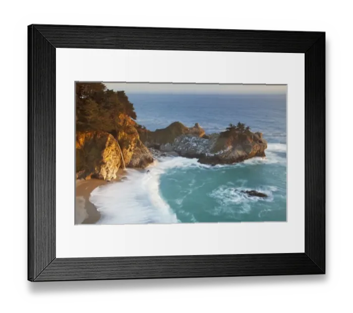 Framed Print : Scenic McWay Falls tumbles into the beach and the Pacific Ocean at Julia Pfeiffer Framed Print : Scenic McWay Falls tumbles into the beach and the Pacific Ocean at Julia Pfeiffer