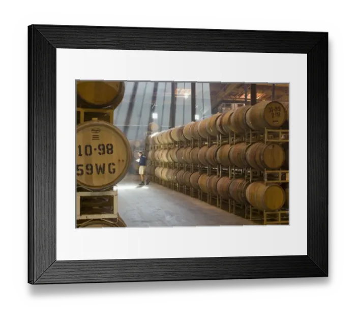 Framed Print : Shafts of light in barrel room of Montevina Winery, near Plymouth, Shenandoah Valley