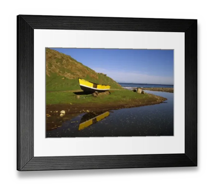Framed Print : California: Channel Islands, Santa Cruz Island, Scorpion Valley, abandoned yellow boat on shore Framed Print : California: Channel Islands, Santa Cruz Island, Scorpion Valley, abandoned yellow boat on shore