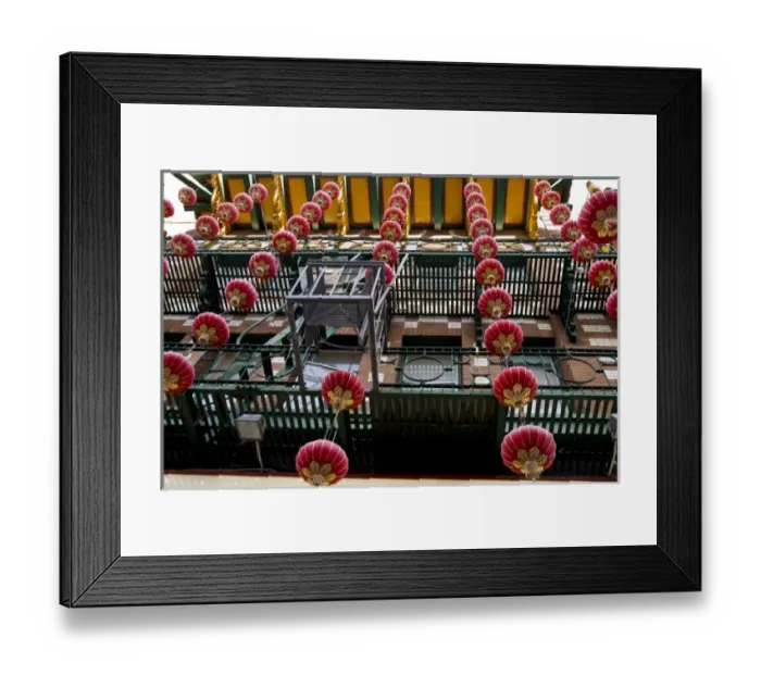 Framed Print : USA, California, San Francisco. Strings of red Chinese lanterns hanging from a balcony