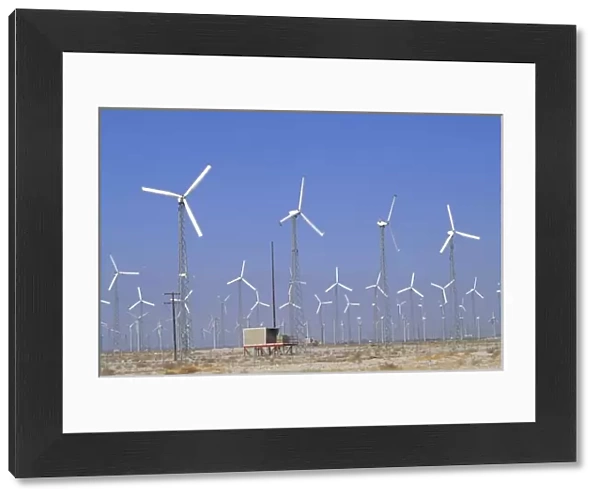 Wind turbines for energy in desert of California, USA, North America