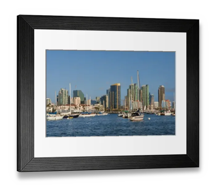 Framed Print : San Diego Bay, California. Fleet of sailboats and skyline of San Diego Framed Print : San Diego Bay, California. Fleet of sailboats and skyline of San Diego