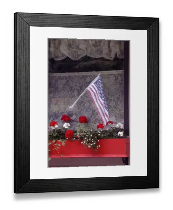 Framed Print : American flag and flower box Framed Print : American flag and flower box