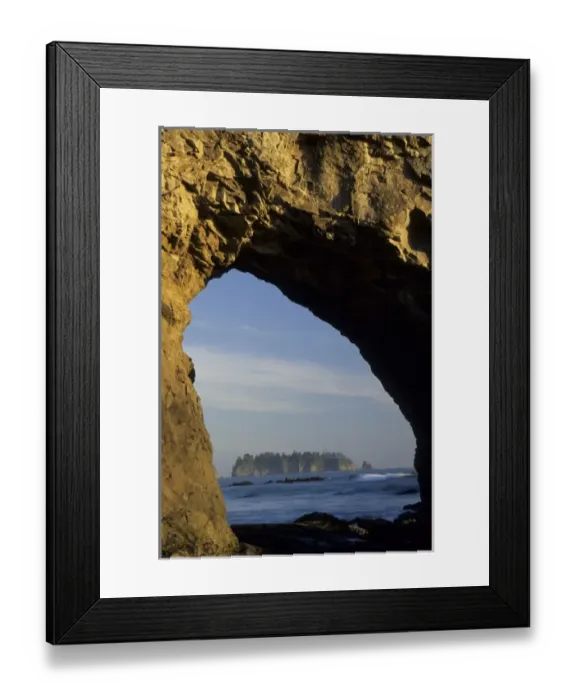 Framed Print : Island viewed through arch in sea stack, Rialto Beach, Olympic National Park, Washington Framed Print : Island viewed through arch in sea stack, Rialto Beach, Olympic National Park, Washington