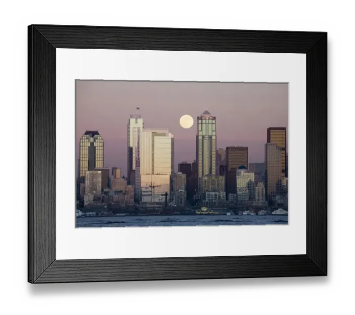 Framed Print : WA, Seattle, Seattle skyline and Elliott Bay with full moon rising, view from Alki Framed Print : WA, Seattle, Seattle skyline and Elliott Bay with full moon rising, view from Alki