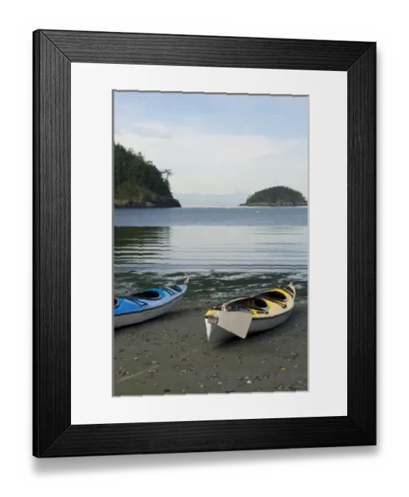 Framed Print : USA, WA, Pacific Northwest, Deception Pass State Park. Kayaks ready for a paddle