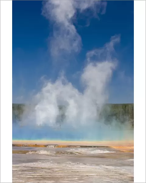 Yellowstone National Park, Wyoming. Steam rises from Grand Prismatic Hot Spring