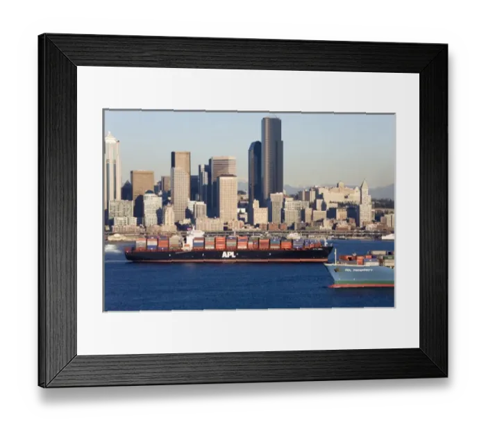 Framed Print : WA, Seattle, Seattle skyline and Elliott Bay with container ship, view from Hamilton Park