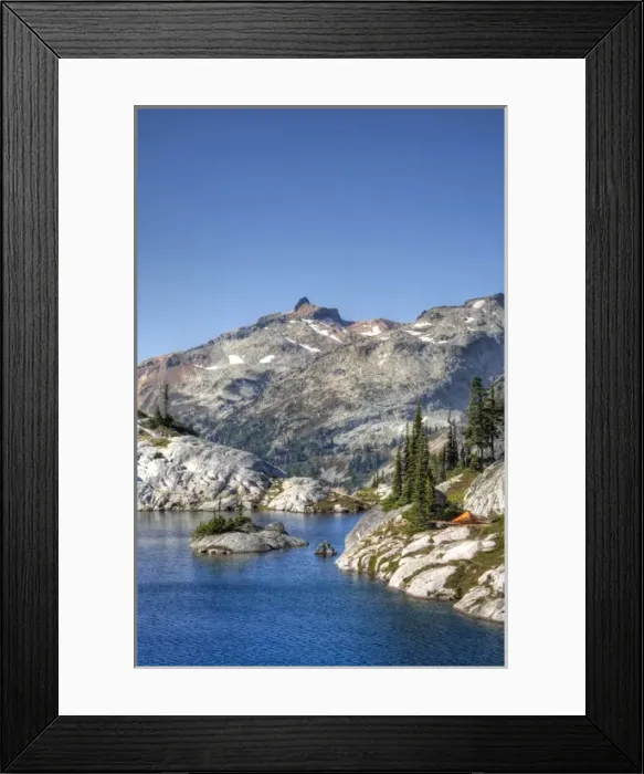 Framed Print : WA, Alpine Lakes Wilderness, Lower Robin Lake, with orange tent Framed Print : WA, Alpine Lakes Wilderness, Lower Robin Lake, with orange tent