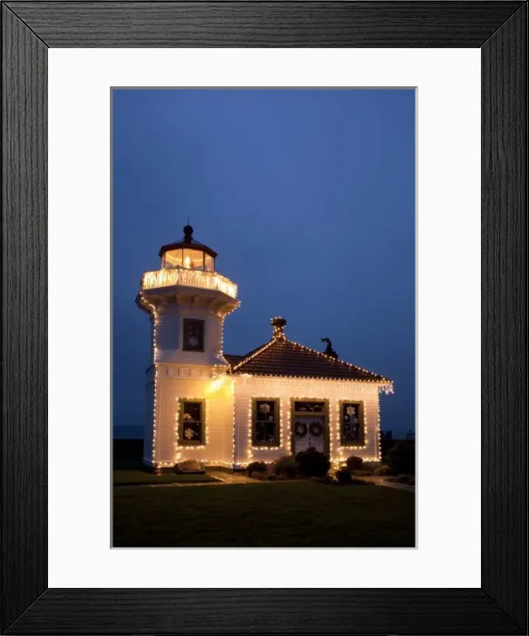 Framed Print : USA, Washington, Mukilteo. Mukilteo Lighthouse with holiday lights. Constructed in 1906