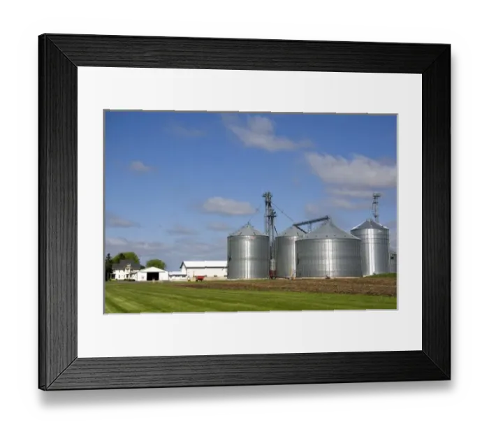 Framed Print : Metal grain storage bins on a farm in Sauk County, Wisconsin, USA Framed Print : Metal grain storage bins on a farm in Sauk County, Wisconsin, USA