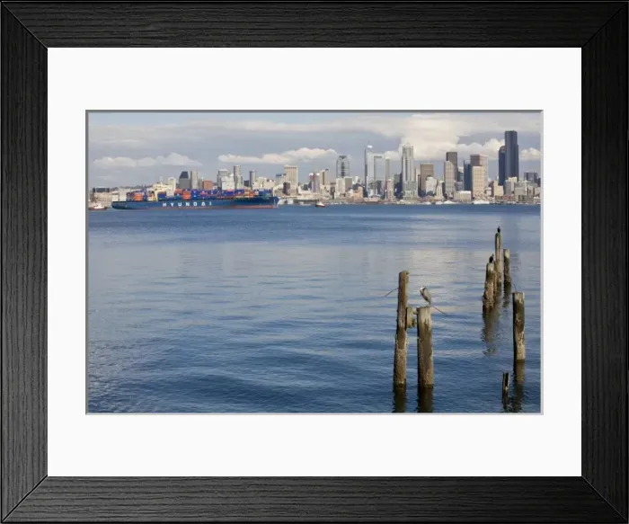 Framed Print : WA, Seattle, Container ship on Elliott Bay, with the Seattle skyline Framed Print : WA, Seattle, Container ship on Elliott Bay, with the Seattle skyline