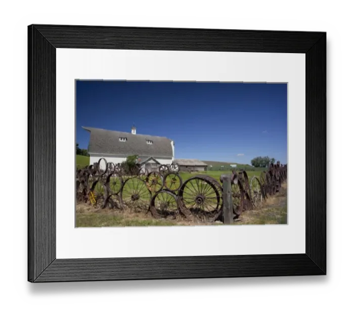 Framed Print : USA, Washington, Whitman County, Uniontown, The Palouse, Wheel fence and barn (Dahman Framed Print : USA, Washington, Whitman County, Uniontown, The Palouse, Wheel fence and barn (Dahman