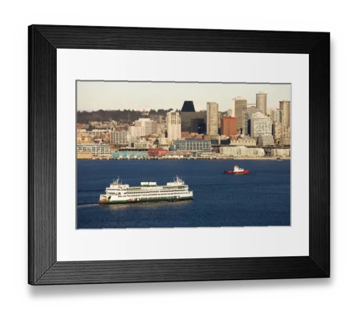 Framed Print : Unknown. WA, Seattle, Seattle skyline and Elliott Bay with ferry boat, view Framed Print : Unknown. WA, Seattle, Seattle skyline and Elliott Bay with ferry boat, view