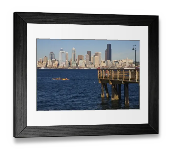 Framed Print : WA, Seattle, Seattle skyline and Elliott Bay with fishing pier Framed Print : WA, Seattle, Seattle skyline and Elliott Bay with fishing pier